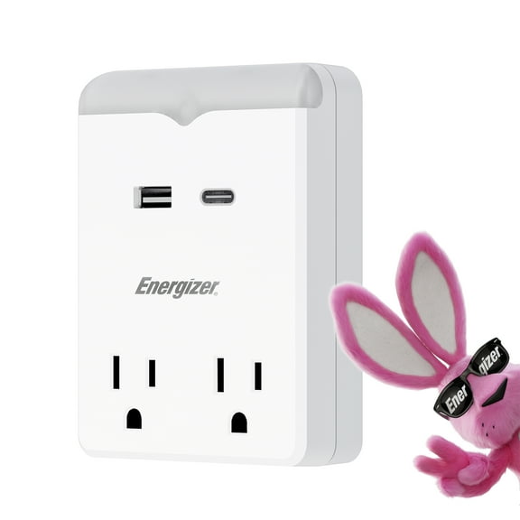 Energizer Multi Plug Wall Outlet Extender with Nightlight (2) AC Power Outlets (1) Type C Port (1) USB A Port (2.4A Total Output) Grounded Power Strip Expander Outlet Splitter Plug In Adapter
