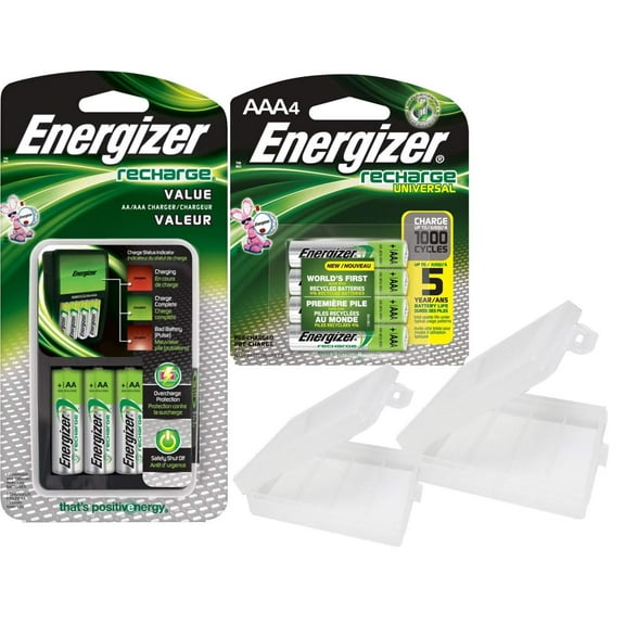 Energizer Rechargeable AA and AAA Battery Charger Includes 4 AA NiMH 1300mAh Rechargeable Batteries Plus 4 AAA 700mAh NiMH Batteries with AA and AAA Cases