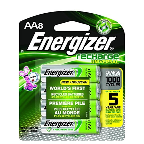 Energizer Recharge Universal 2000 mAh Rechargeable AA Batteries, Pre-Charged, 8 count