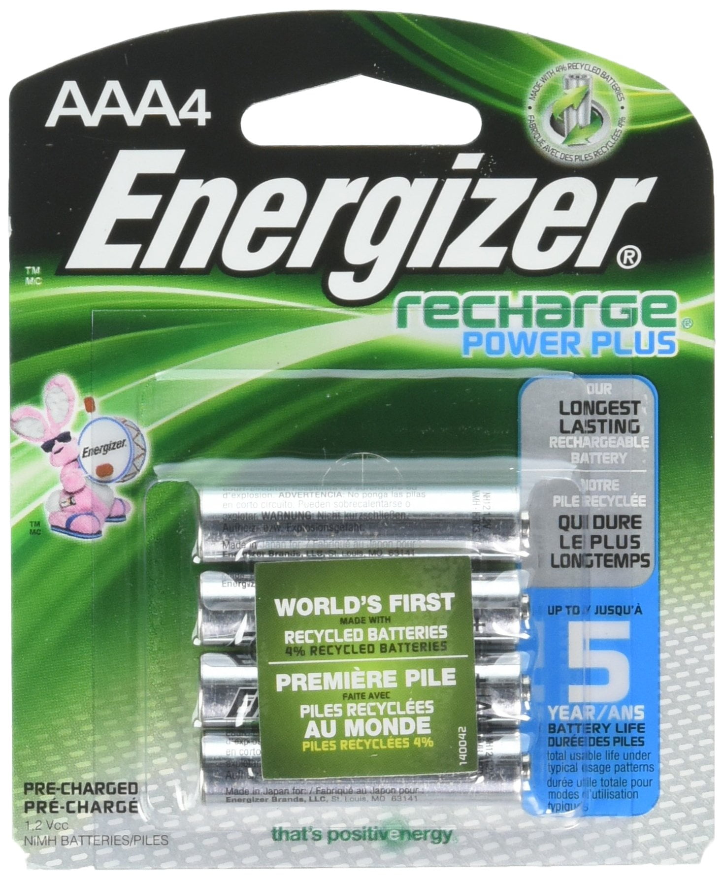 Energizer Rechargeable AAA Batteries, NiMH, 800 mAh, Pre-Charged, 4 Count  (Recharge Power Plus) (Pack of 1)