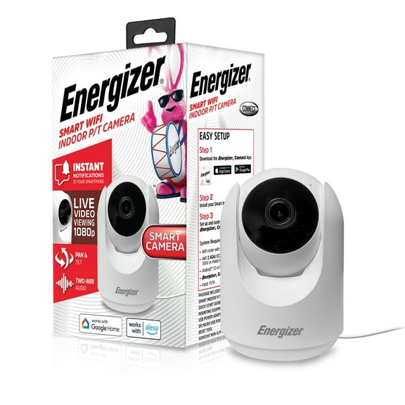 Energizer Smart 1080p Indoor Pan & Tilt Wired Camera, Motion Tracking, Two-Way Conversation, Night Vision, Instant Notifications, Works with Google Home and Alexa, Night Vision