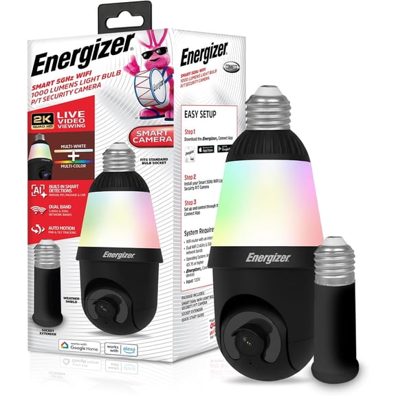 Energizer Smart 2K Light Bulb Security Camera, 1000 Lumens LED Light, 5G&2.4G Wi-Fi Outdoor Socket Camera, Pan Tilt Auto Tracking, Black, AI Smart Detection Built-in