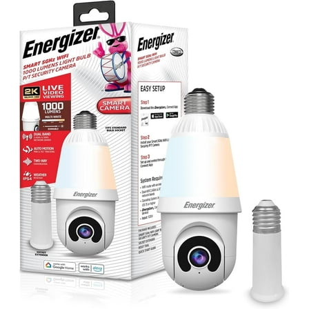 Energizer 1000 Lumens Light Bulb Camera, 2K Outdoor Smart Home Security Camera w/ Auto-Motion, White