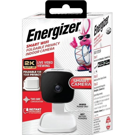 Energizer Smart 2K QHD Wired Indoor Security Camera with Night Vision & 2-Way Audio, White
