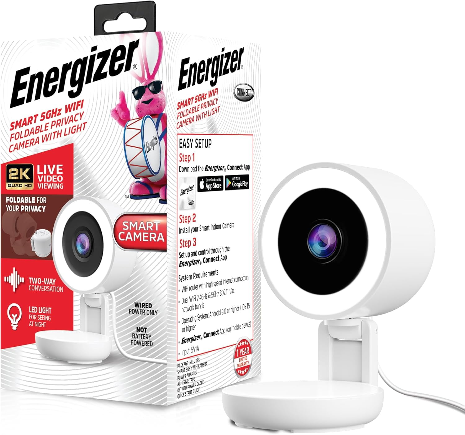 Energizer Smart 2K Wired Indoor Camera with Light for Night Vision, Foldable for Privacy, Remote Access, 130° Wide Angle, Recording, Instant Motion Alerts, Two-Way Audio, Hub-Free Wi-Fi (White