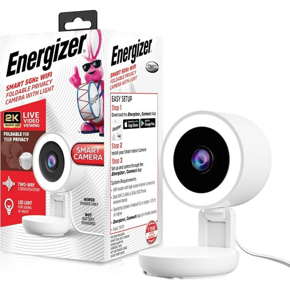 Energizer Smart 2K Wired Indoor Camera with Light for Night Vision, Foldable for Privacy, Remote Access, 130° Wide Angle, Recording, Instant Motion Alerts, Two-Way Audio, Hub-Free Wi-Fi (White