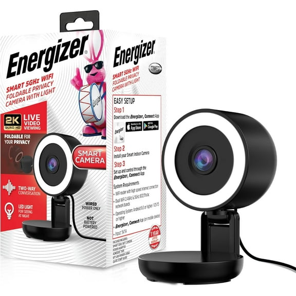 Energizer Smart 2K Wired Indoor Camera with Light for Night Vision, Foldable for Privacy, Remote Access, 130° Wide Angle, Recording, Instant Motion Alerts, Two-Way Audio, Hub-Free Wi-Fi (Black)