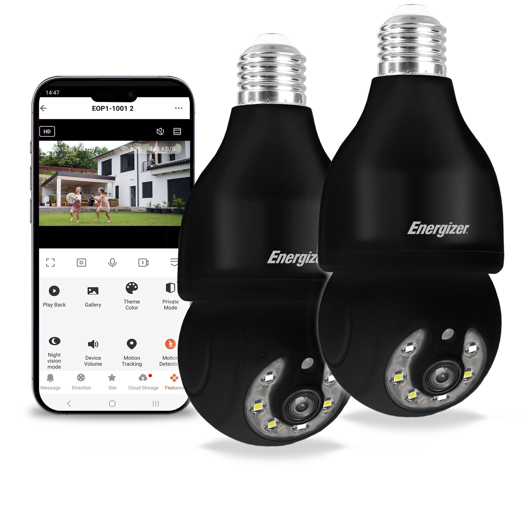 Energizer Smart Light Bulb Security Camera 2-Pack, Outdoor Socket Camera, 1080p, Auto Tracking, Pan & Tilt, Night Vision, 2-Way Audio, Instant Alerts, Remote Access, Works with Google Home & Alexa