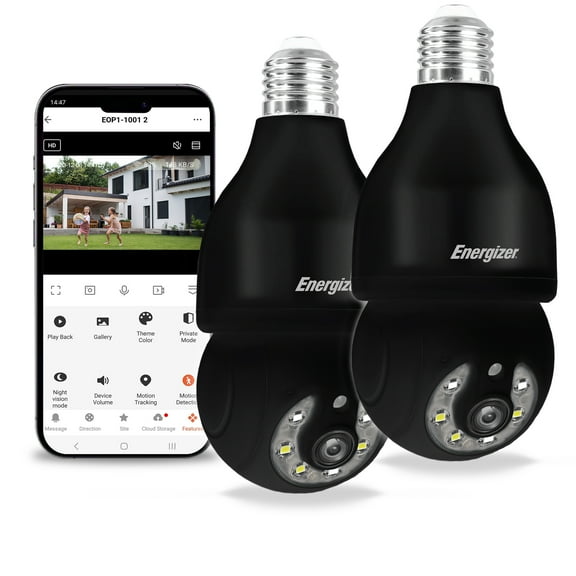 Energizer Smart Light Bulb Security Camera 2-Pack, Outdoor Socket Camera, 1080p, Auto Tracking, Pan & Tilt, Night Vision, 2-Way Audio, Instant Alerts, Remote Access, Works with Google Home & Alexa