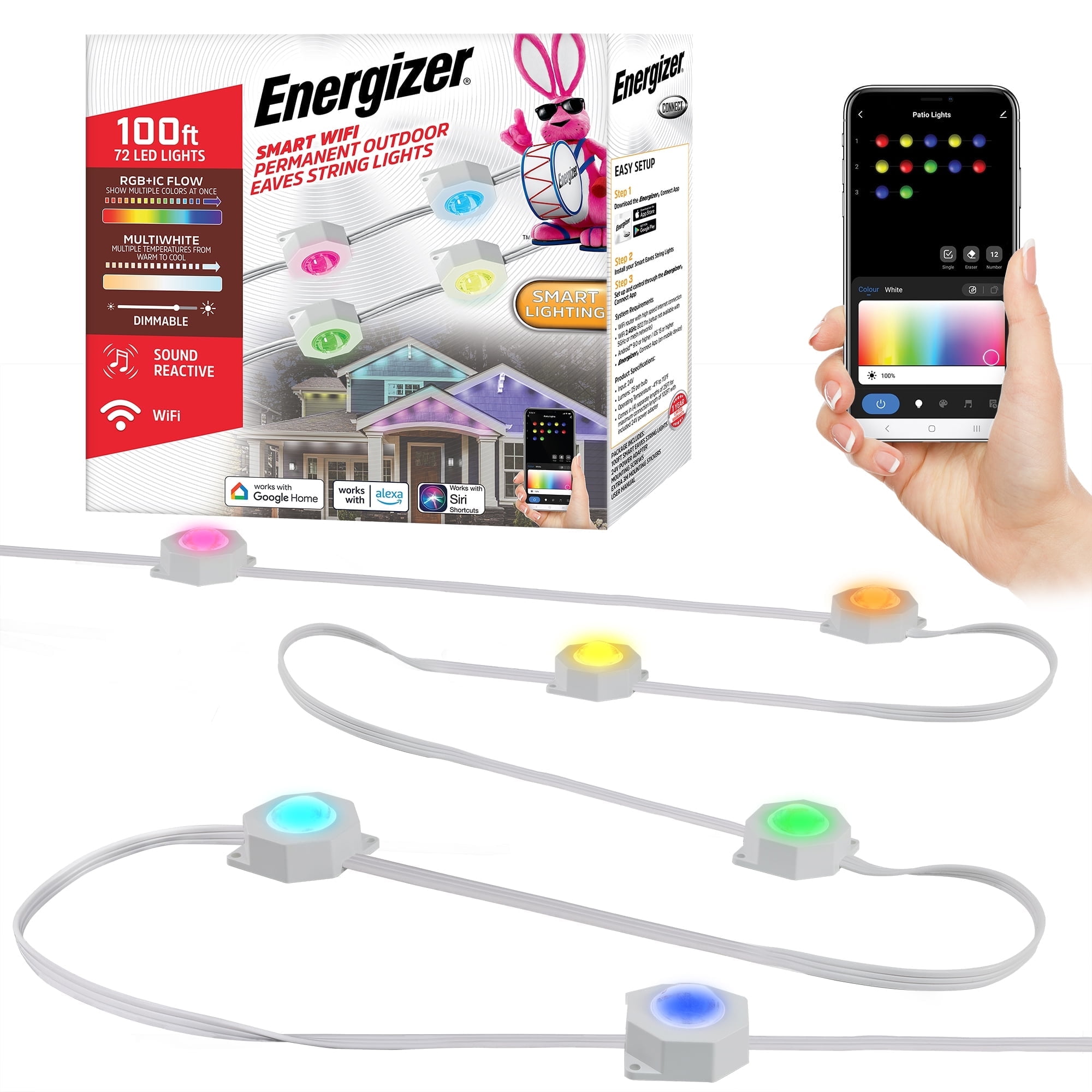Energizer Smart WiFi Outdoor Permanent Lights RGB+IC, 100 ft Color-Changing LED String Light Kit, App + Voice Control, Weatherproof, Music Sync