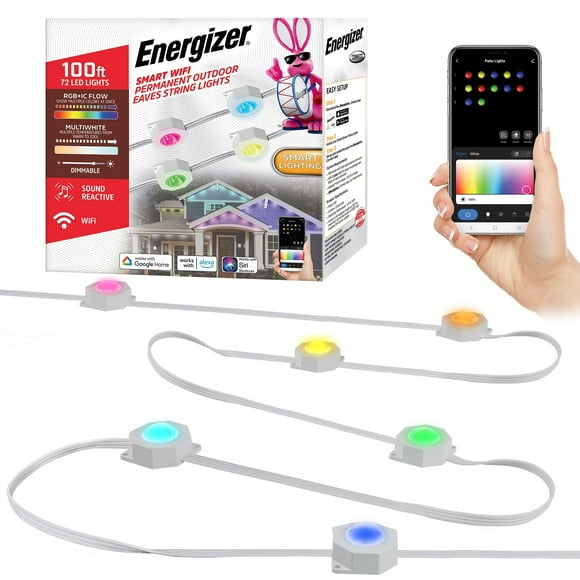 Energizer Smart Permanent Outdoor RGB+IC Lights, 100ft, 72 LED Sound Reactive Eaves Lights, Weather & Water Resistant, App & Voice Control with Alexa, Siri, Google, Grouping, Scheduling, 2.4GHz Wi-Fi