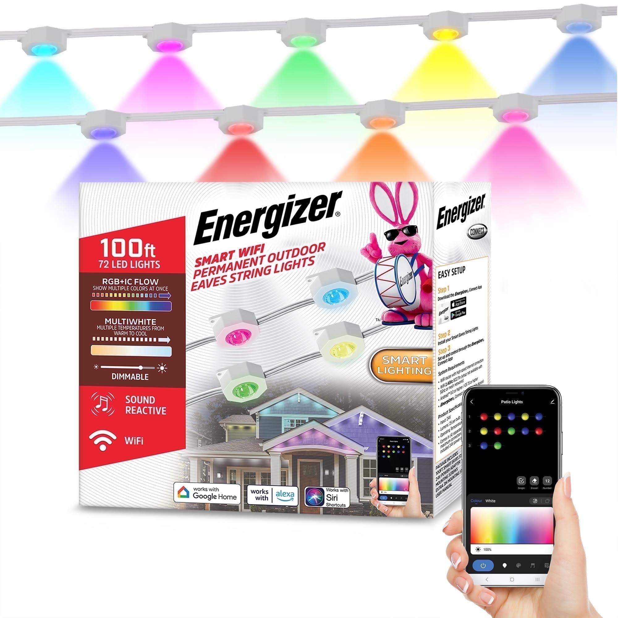Energizer Smart WiFi Outdoor RGB+IC Eaves LED String Lights, Weatherproof, 100 ft, for Christmas, Halloween, Party, Gameday and More