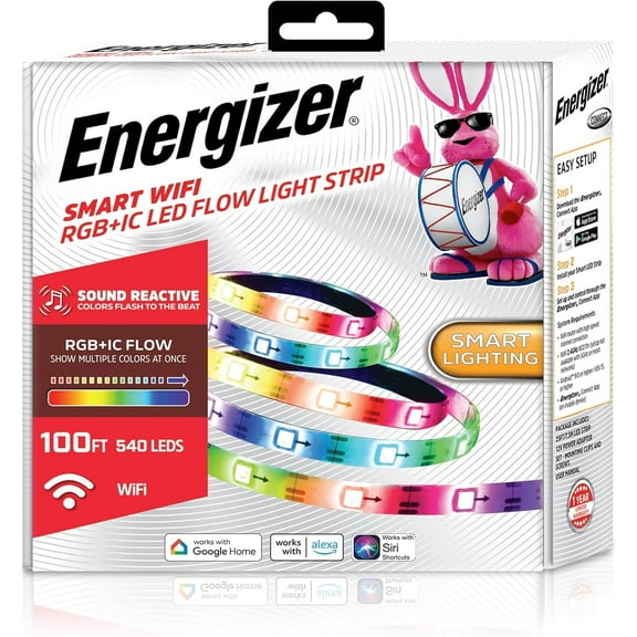 Energizer Smart RGB+IC LED Light Strip, 100 Foot Indoor Wi-Fi Color Flow LED Light Strip, Sound Reactive, Remote Access, Voice Control with Alexa, Siri, Google, Grouping, Scheduling, No Hub Required