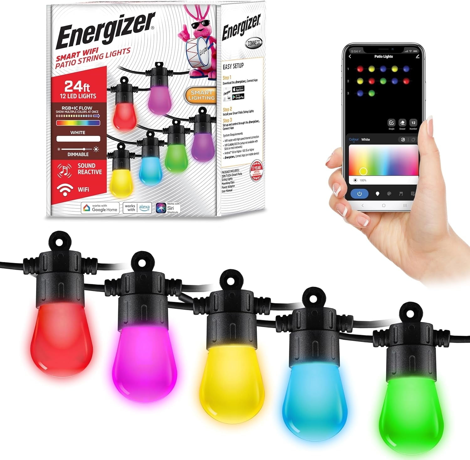 Energizer Smart Patio Lights, Sound Reactive RGBW+IC Outdoor String Lights w/ LED Light Bulbs, 24 ft