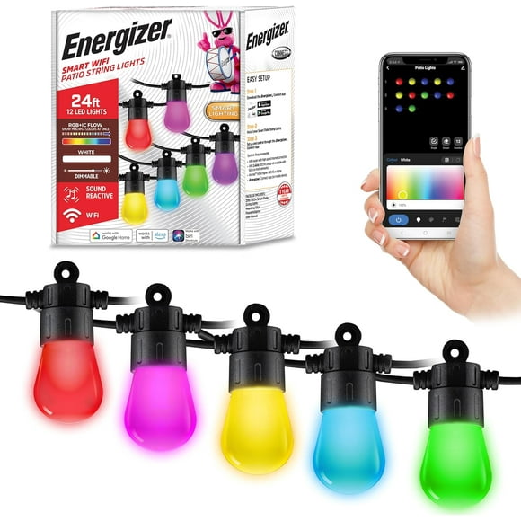 Energizer Smart RGBW+IC Outdoor String Lights, 24ft, 12 Multi-Color & White Sound Reactive LED Bulbs, IP65 Water & Weather Resistant, Voice Control with Alexa, Google, Siri, Grouping, Scheduling
