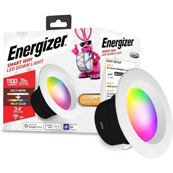 Energizer Smart Recessed Downlight, 3”-4” BR30 Multi-Color & Multi-White Wi-Fi LED Bulb, E26 Screw Base, 1100 Lumens, 11W, 75W Equivalent, App & Voice Control with Alexa Google Siri, Scheduling
