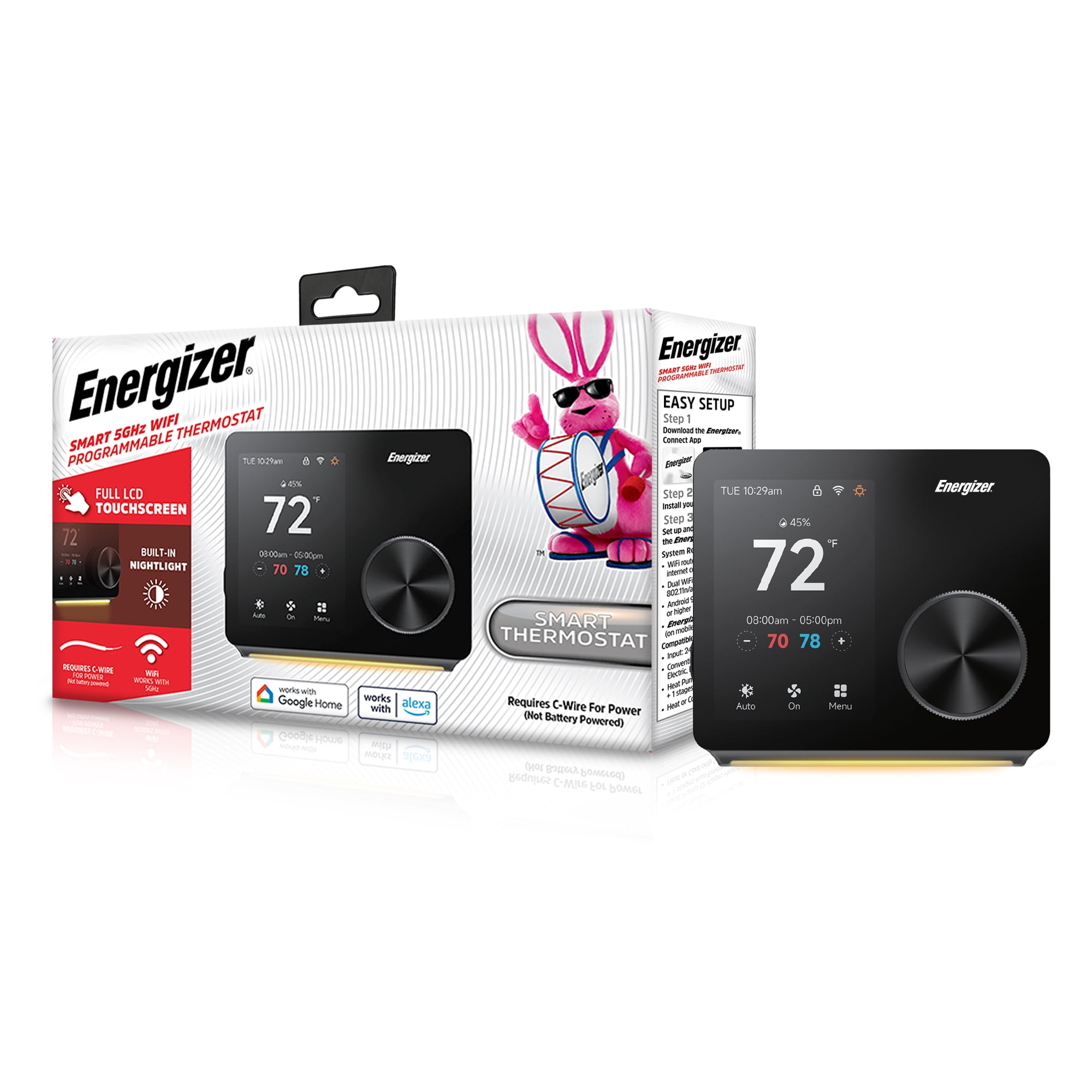 Energizer Smart Thermostat, Programable Wi-Fi Thermostat, 5 GHz & 2.4 GHz, Compatible w/ Alexa & Google, App Control, 3.5 Color Touch Screen, Easy Installation, 7 Day Scheduling, Night Light