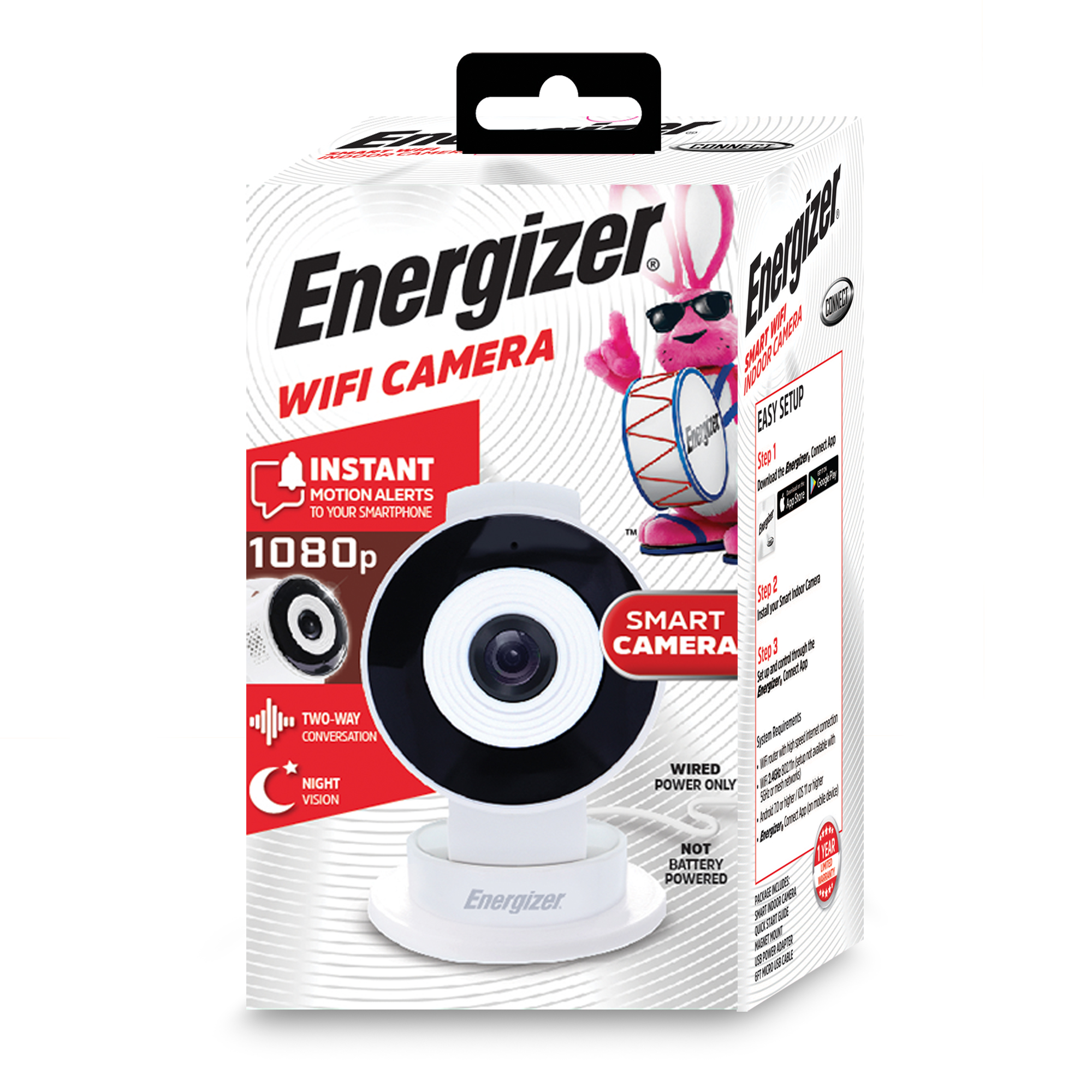 Energizer Smart Wi-Fi 1080P Full HD Indoor White Security Camera, USB, Micro-SD, Corded Electric - image 1 of 7