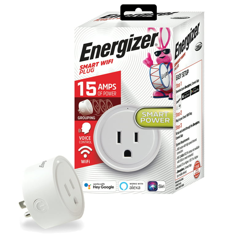 Energizer Smart Wi-Fi 15 Amp Wall Outlet Plug, Voice control, Remote Access  Mobile App