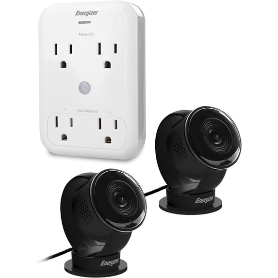 Energizer Smart Wi-Fi Indoor Camera 2-Pack with Smart Wall Tap Outlets, 1080P, Cloud/Micro-SD Card Recording, 2-Way Audio, Night Vision, Remote Access, Motion Alerts, Activity Zones, 2.4GHz Wi-Fi