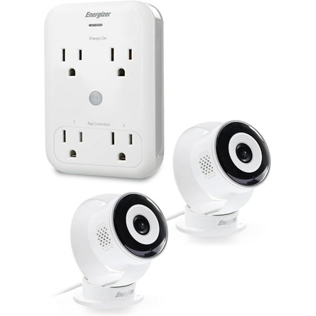 Energizer Smart Wi-Fi Indoor Camera 2-Pack with Smart Wall Tap Outlets, 1080P, Cloud/Micro-SD Card Recording, 2-Way Audio, Night Vision, Remote Access, Motion Alerts, Activity Zones, 2.4GHz Wi-Fi