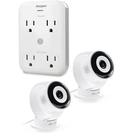 Energizer Smart Wi-Fi Indoor Camera 2-Pack with Smart Wall Tap Outlets, 1080P, Cloud/Micro-SD Card Recording, 2-Way Audio, Night Vision, Remote Access, Motion Alerts, Activity Zones, 2.4GHz Wi-Fi