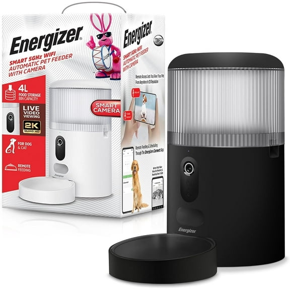 Energizer Smart Pet Feeder, Automatic Pet Feeder with 2K Video Camera & Two-Way Audio, Black