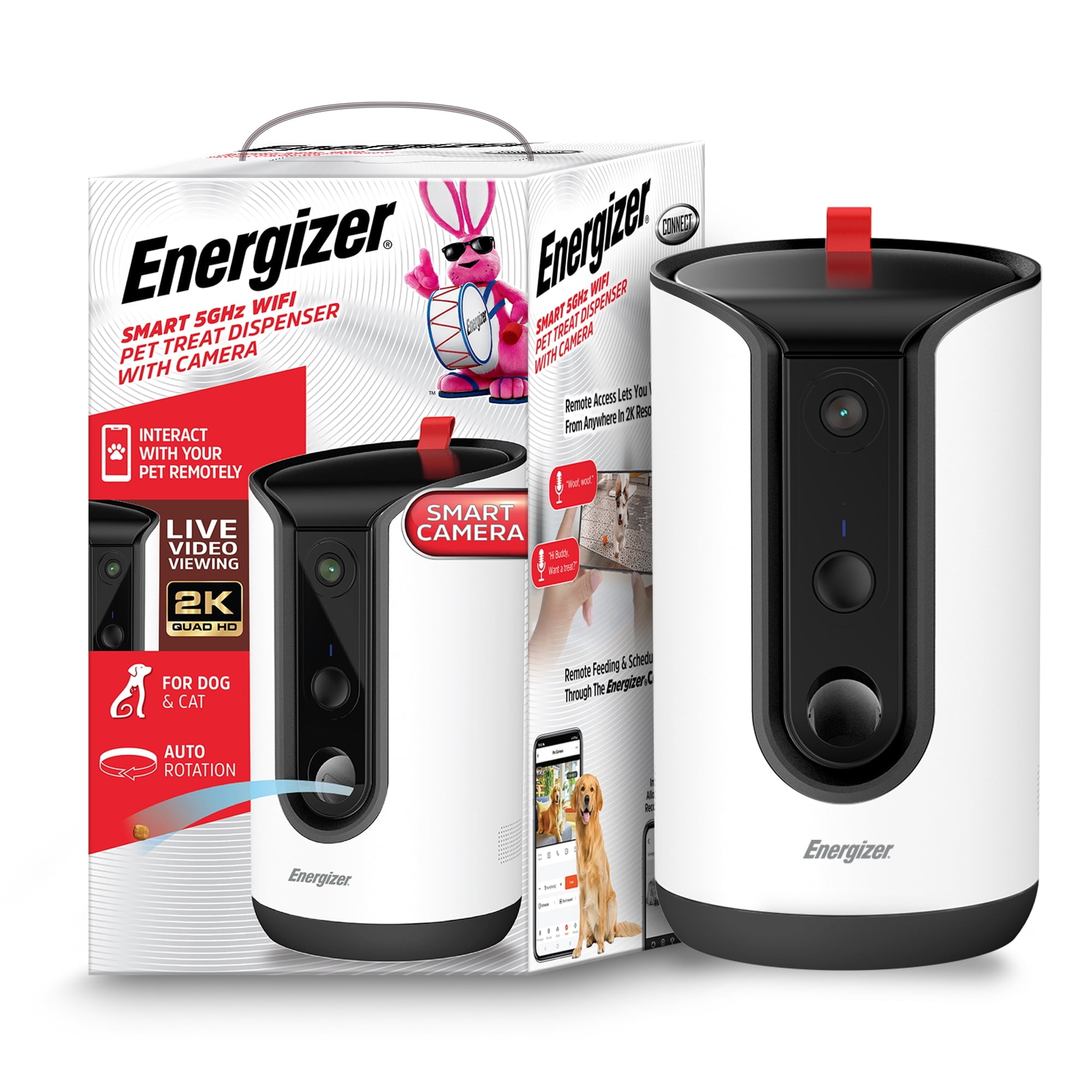 Energizer Smart Pet Treater, Interactive Pet Treat Dispenser w/ 2K Video Camera & 2-Way Audio, White