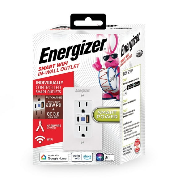 Energizer Smart WiFi 20W Fast Charge In-Wall Outlet with USB-A & Type-C Ports