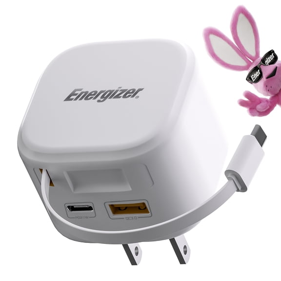 Energizer 58W USB C Wall Charger with 20W Retractable Type C Cable, Fast Charging PD Adapter, USB-C & USB-A Ports, Foldable Plug, Multi Device Charger for iPhone, Samsung, Tablets