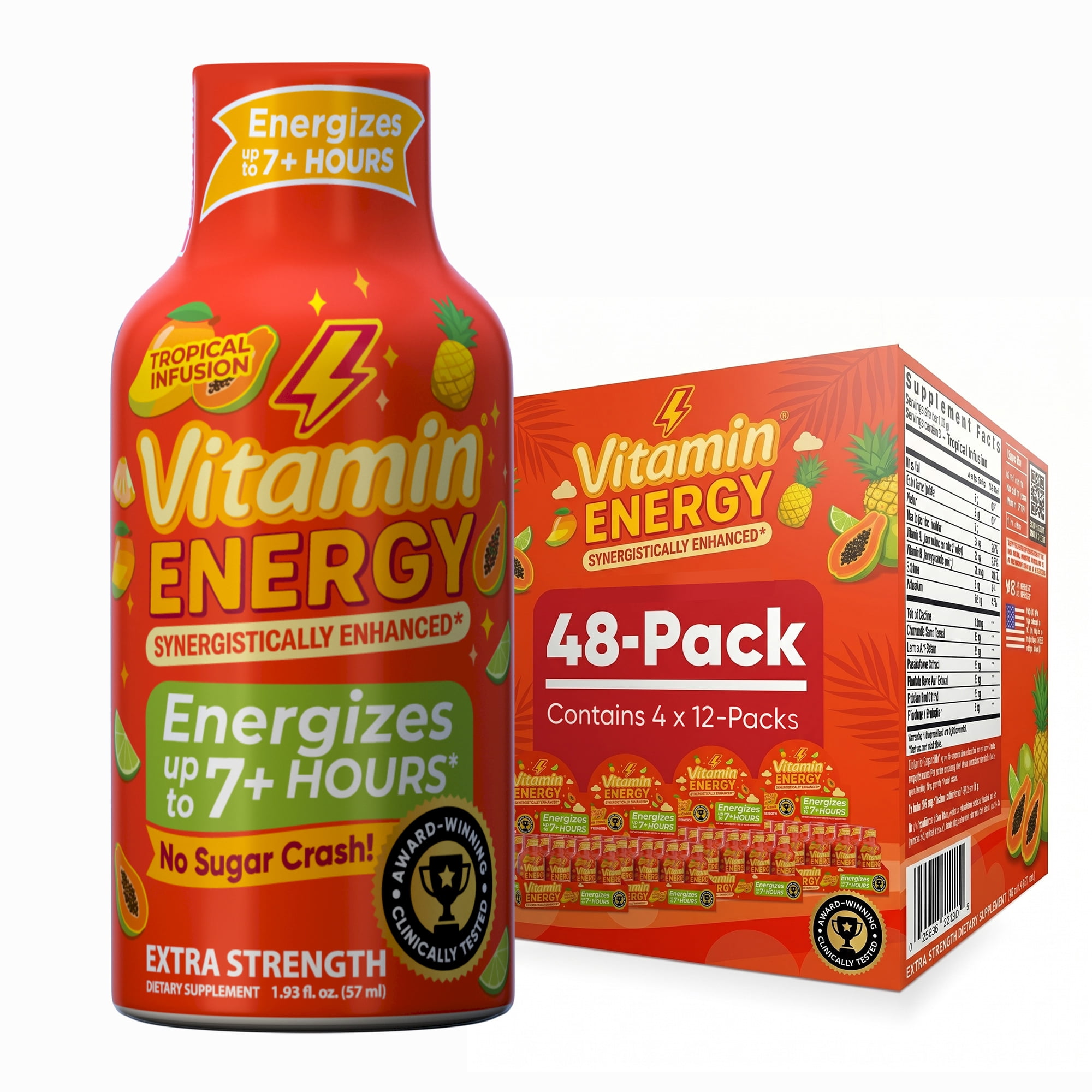 Vitamin Energy Focus+ Extra Strength Shot, Tropical Infusion, 48 Pack – 260mg Natural Caffeine, CoQ10 & B-Vitamins, Zero Sugar, 1.93 fl oz