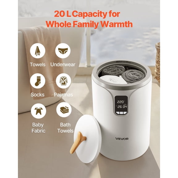Energy Efficient 20L Towel and Blanket Warmer Digital Timer & Temperature Settings, Clear LED Screen, Safety Lock - Designed for Residential and SPA Bathroom Use, White Finish