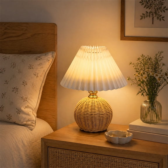 Energy Efficient Cozy Table Lamp for Bedroom, Pleated Table Lamp & Rattan Ball Bedside Light featuring 11.8x9.8x4.7 Inch & Plastic for Home Decor