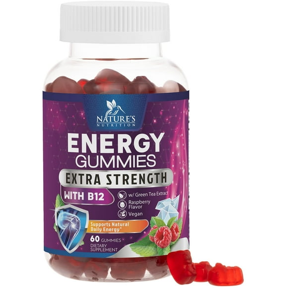 Energy Gummies Vitamin B12 1000 mcg, Green Tea Natural Caffeine Support, Extra Strength Daily Energy Vitamins, Delicious Berry Flavor Gluten Free Chewable Supplement for Cycling & Running - 60 Chews