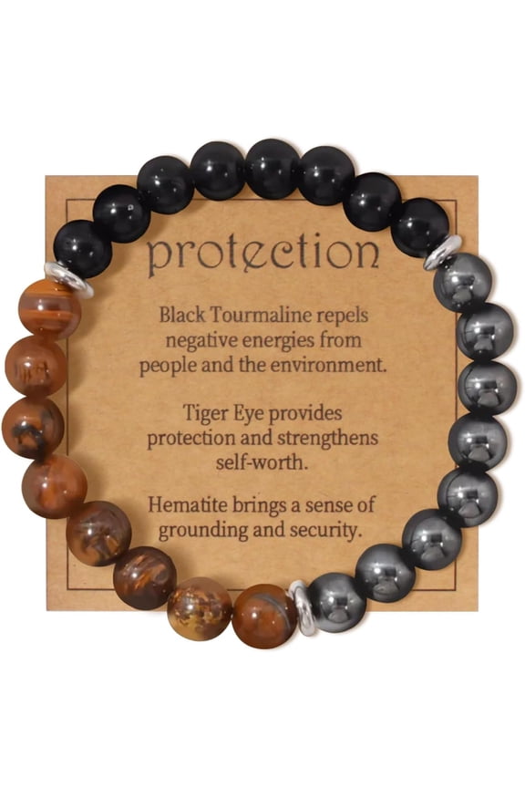 Energy Mens Beaded Bracelets,Triple Protection Bracelet for Men,Made of Three Kinds of 8mm Beads (Black Obsidian Hematite Tiger Eye Beaded), Personalized Gifts for Men