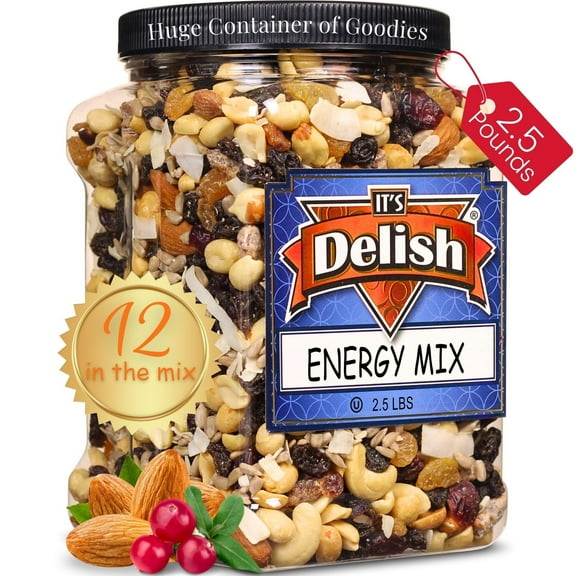Energy Mix Fruit and Nut Trail Mix by Its Delish  2.5 lbs 40 Oz Jumbo Reusable Container Jar  Energy Boost with Proteins, Fibers, and Vitamins with Mixed Nuts & Dried Fruits  Great Snack for...