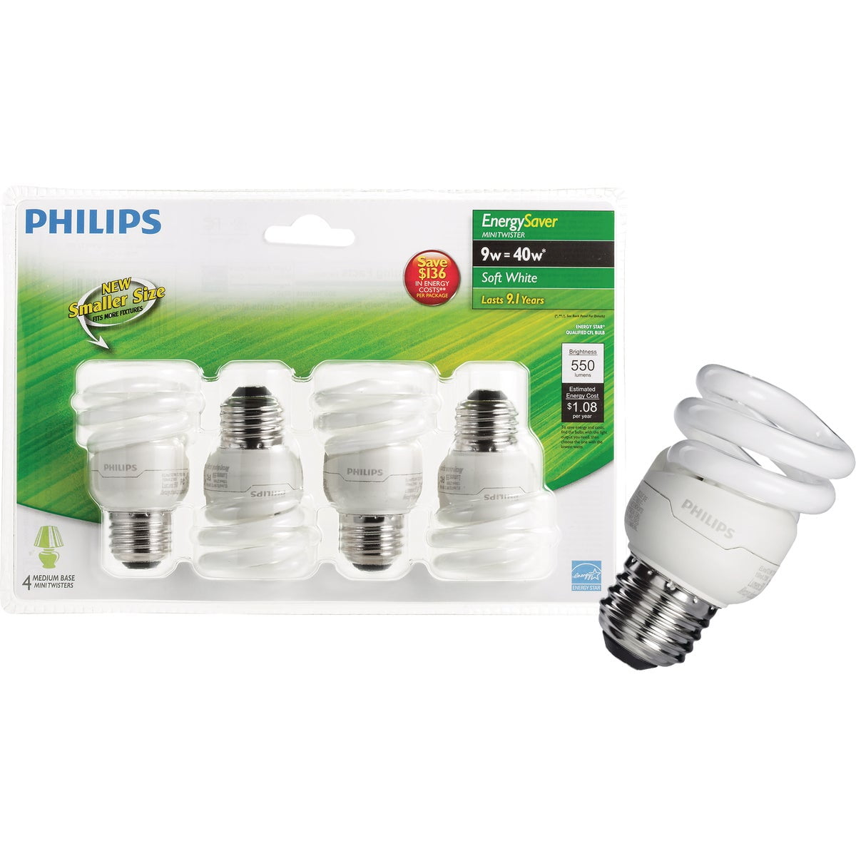 Philips LED 433557 Energy Saver Compact Fluorescent T2 Twister (A21  Replacement) Household Light Bulb: 6500-Kelvin, 23-Watt (100-Watt  Equivalent), E26