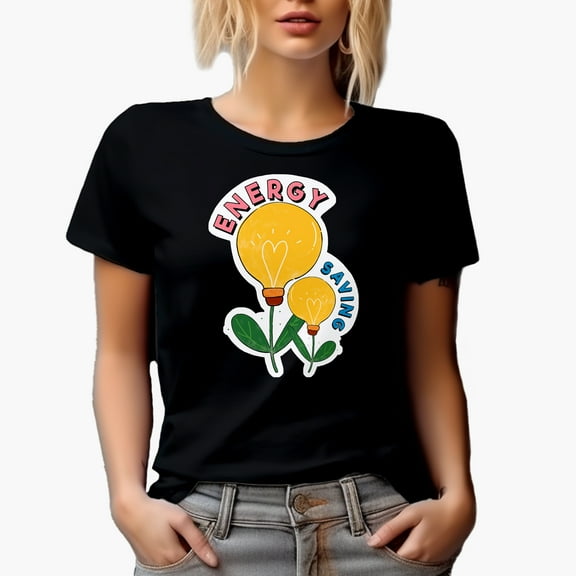 Energy Saving with Light Bulb Plant Art, Earth Day or Environmentalist Merch Gift, Black T-Shirt, Small