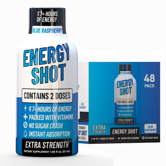 Grade A Quality Blue Raspberry Extra Strength Shot, 48 Pack 260mg Natural Caffeine, B12 & B6, 2 Servings, Zero Sugar, 1.93 fl oz