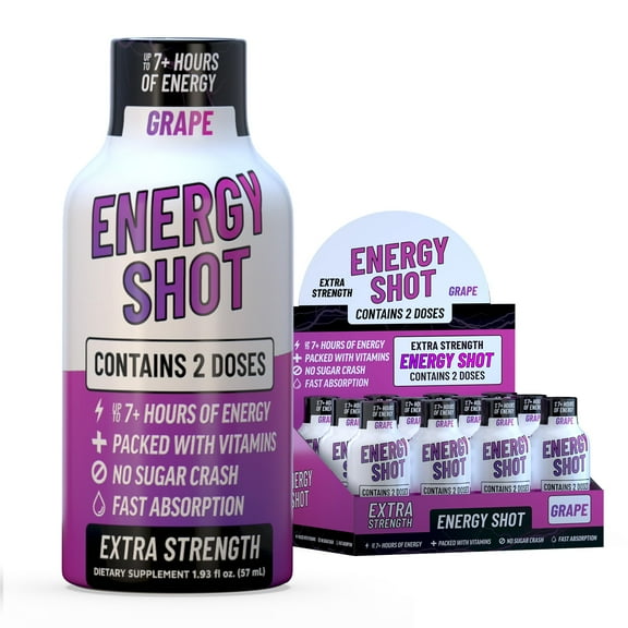 Grade A Quality Grape Extra Strength Shot, 12 Pack 260mg Natural Caffeine, B12 & B6, 2 Servings, Zero Sugar, 1.93 fl oz