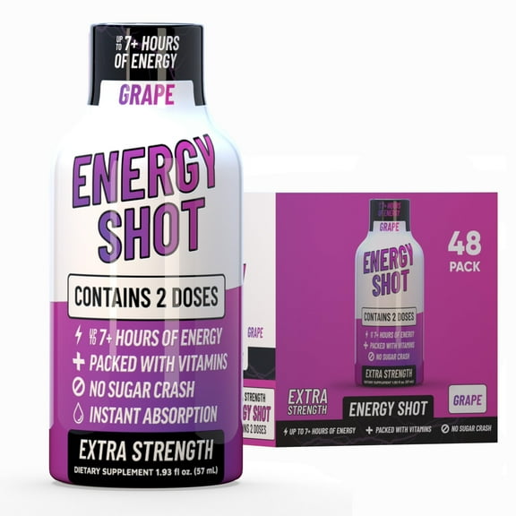 Grade A Quality Grape Extra Strength Shot, 48 Pack 260mg Natural Caffeine, B12 & B6, 2 Servings, Zero Sugar, 1.93 fl oz