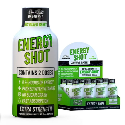 Grade A Quality B12 Mixed Berry Extra Strength Shot, 12 Pack 260mg Natural Caffeine, B12 & B6, 2 Servings, Zero Sugar, 1.93 fl oz