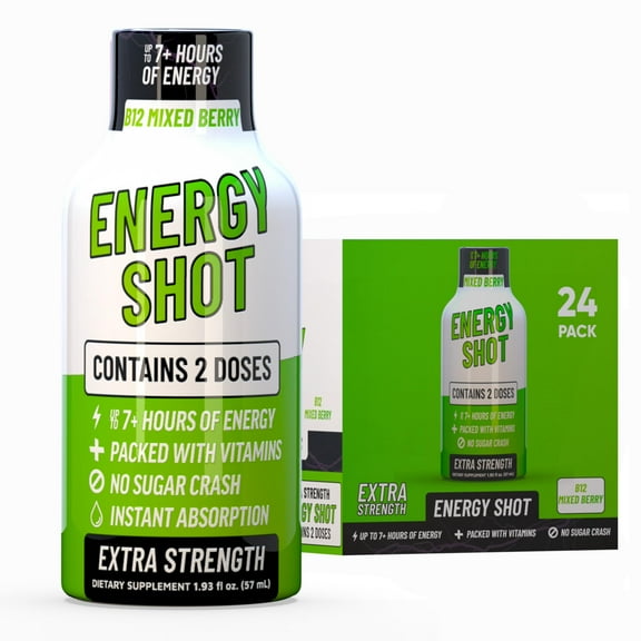 Grade A Quality B12 Mixed Berry Extra Strength Shot, 24 Pack 260mg Natural Caffeine, B12 & B6, 2 Servings, Zero Sugar, 1.93 fl oz