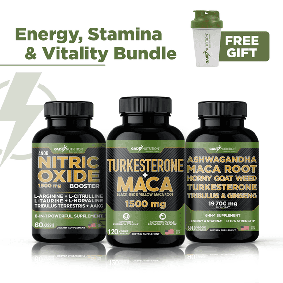 Energy & Stamina Bundle - Turkesterone Maca + Nitric Oxide + Ashwagandha with Horny Goat Weed 6-in-1