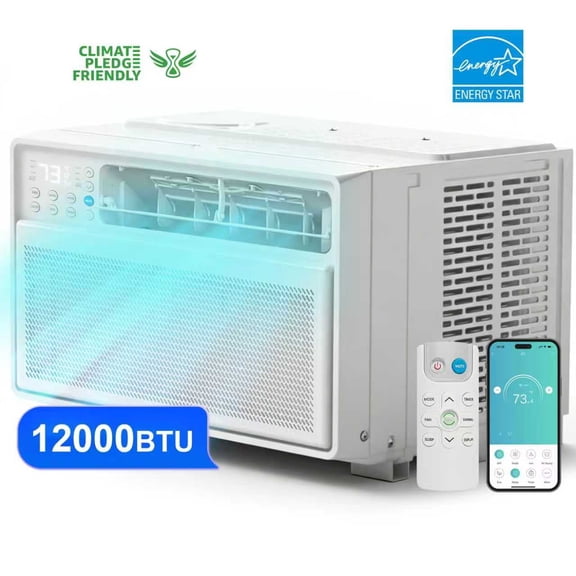 Energy Star 12,000 BTU Window Mounted Inverter Air Conditioner with Supplemental Heat, Quiet High Efficiency Window AC Unit with Remote for Apartment, Medium-Large Rooms up to 550-Sq.Ft.