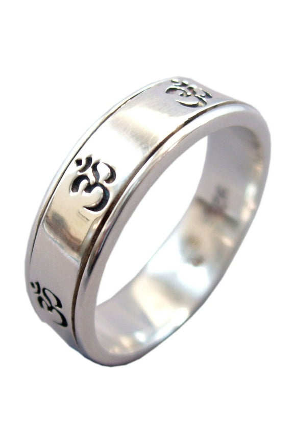Seven Om Narrow Band Sterling Silver Meditation Spinner Ring (Style US39) (7.5)