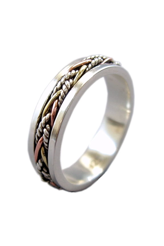 Twine 5.5 mm Narrow Band Tri-Color Sterling Silver Meditation Spinner Ring (Style US40) (9.5)
