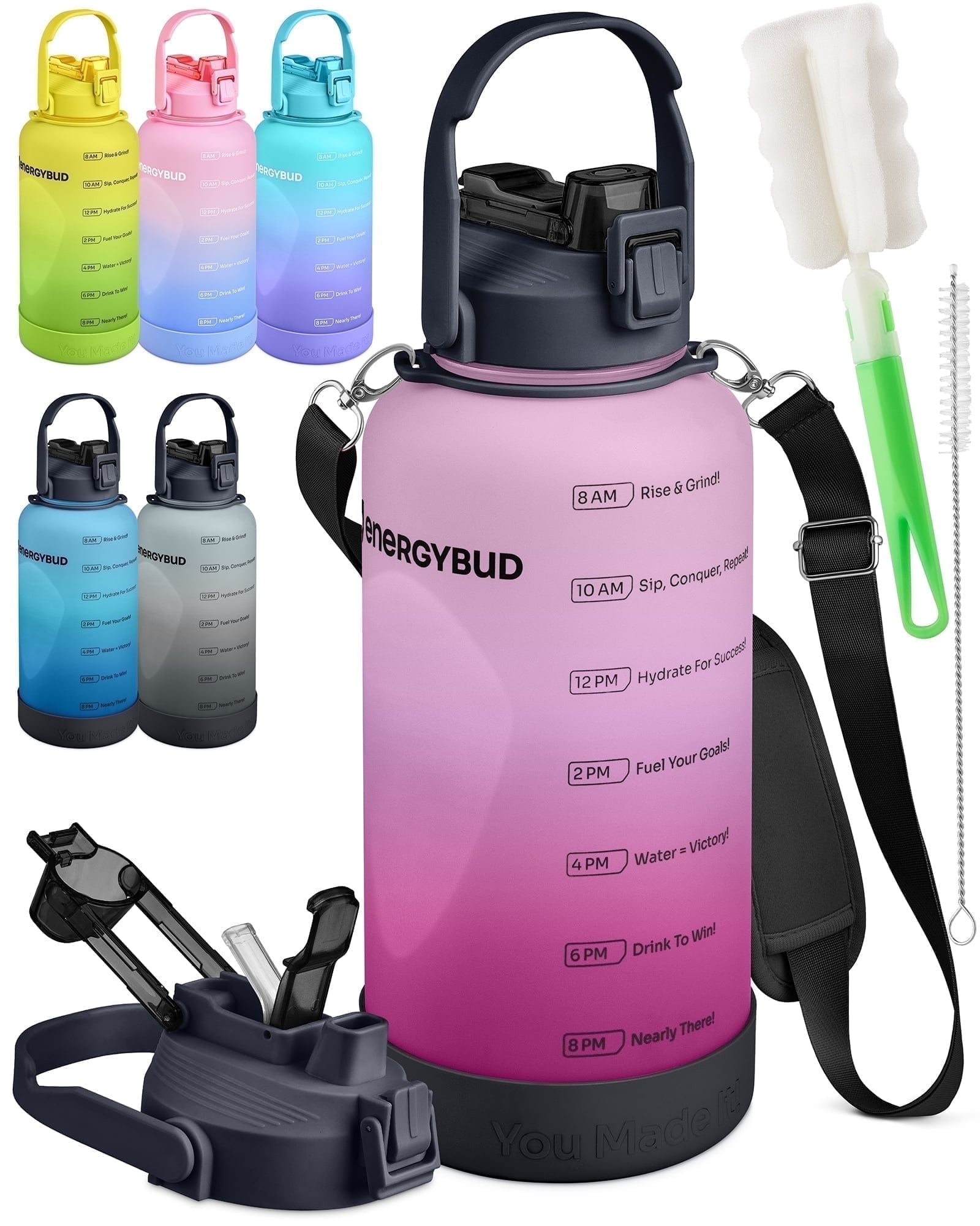 EnergyBud 1 Gallon Water Bottle with Straw and Handle, Large Motivational 128 oz BPA-Free Leakproof Water Jug with Strap and Time Marker for Fitness, Gym, Outdoor, and Daily Hydration