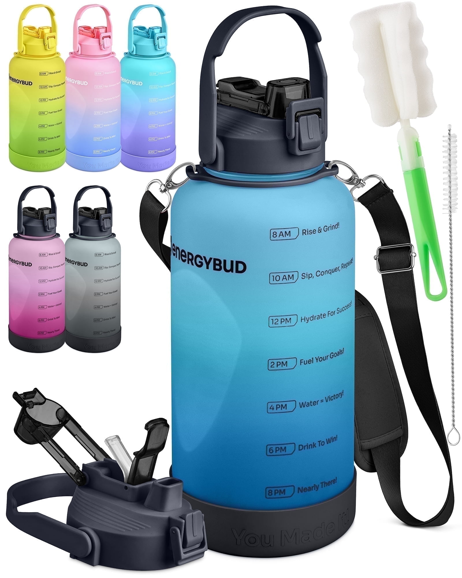 EnergyBud 1 Gallon Water Bottle with Straw and Handle, Large Motivational 128 oz BPA-Free Leakproof Water Jug with Strap and Time Marker for Fitness, Gym, Outdoor, and Daily Hydration