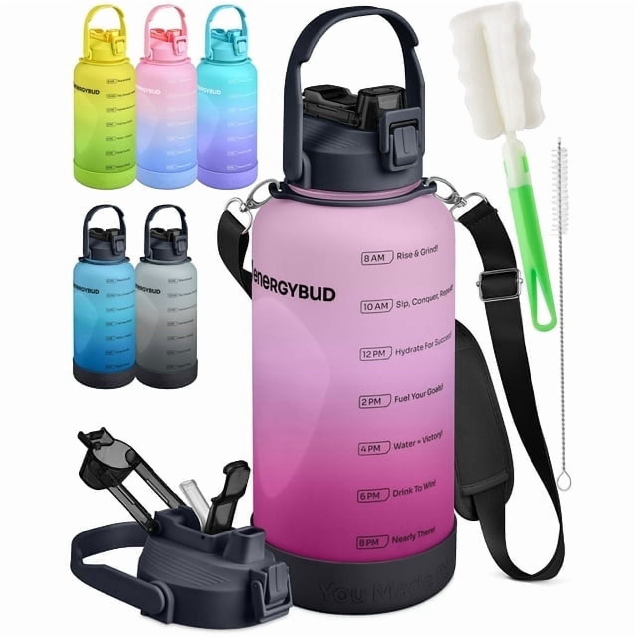 EnergyBud ½ Gallon Water Bottle with Straw and Handle, Large Motivational 74.3 oz BPA-Free Leakproof Water Jug with Strap and Time Marker for Fitness, Gym, Outdoor, and Daily Hydration